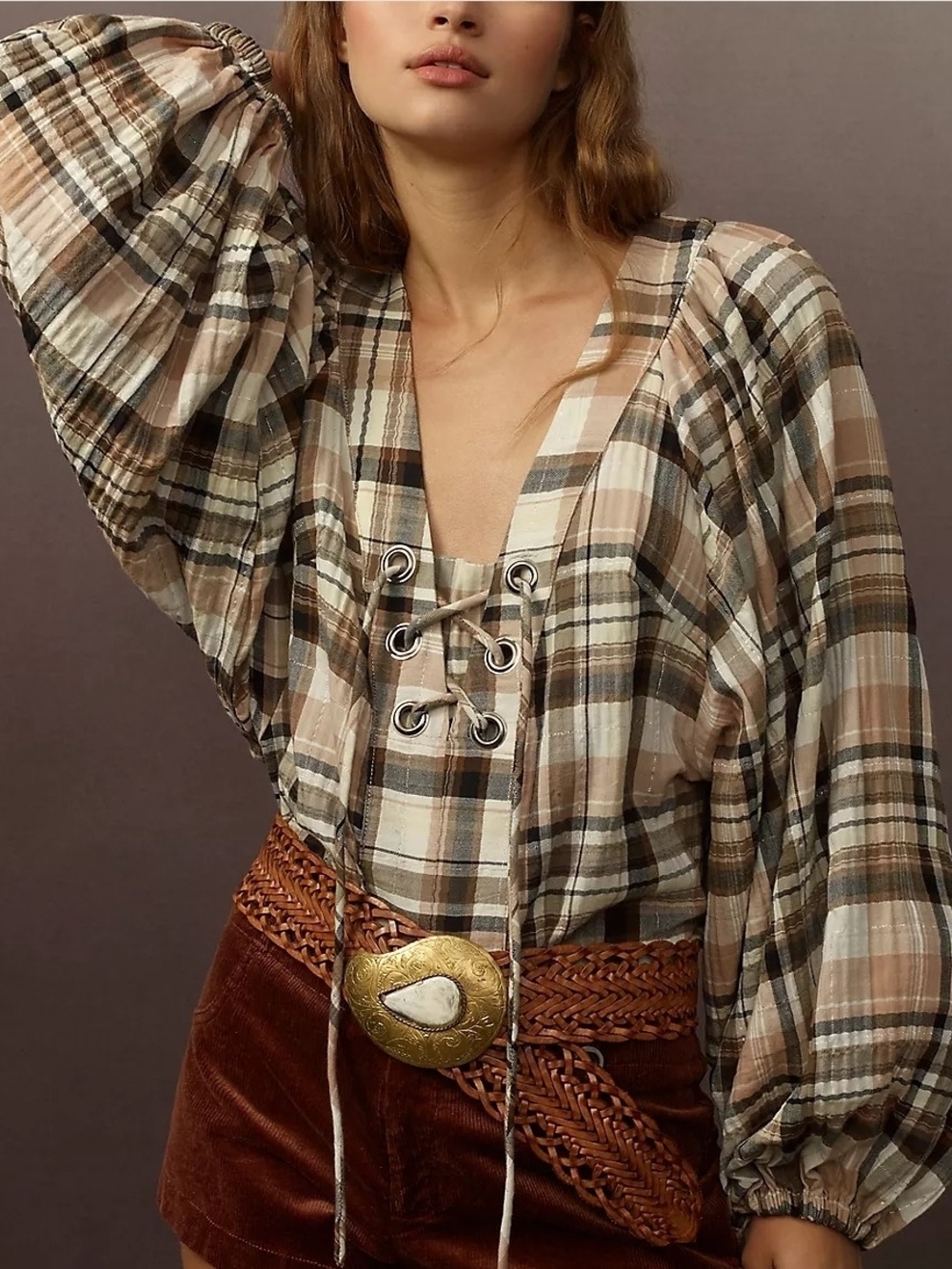 Anthropologie Long-Sleeve Lace-Up Dolman Blouse Plaid Lace-Up Tunic Peasant Top